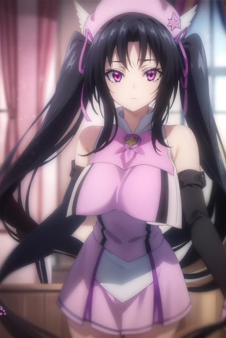 serafall leviathan, long hair, black hair, twintails, (pink eyes:1.5), gloves, hat, bare shoulders, elbow gloves, fingerless gloves, cosplay, magical girl,