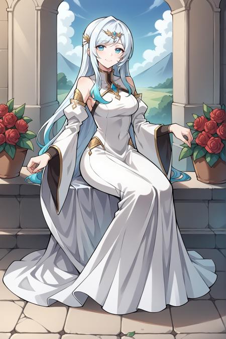 el harnier gradient hair, white hair, blue hair, long hair, long dress, white dress, circlet, detached sleeves, wide sleeves