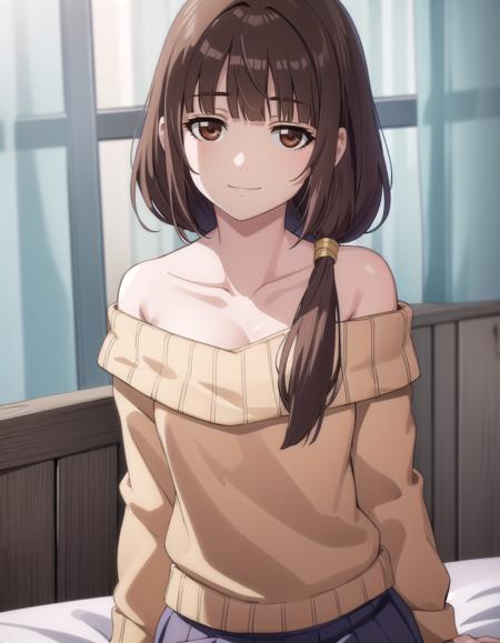 emiru ikuno, long hair, brown hair, ponytail, (brown eyes:1.5), bangs, blunt bangs, low-tied long hair, skirt, bare shoulders, off shoulder, sweater, orange shirt, off-shoulder sweater, collarbone,