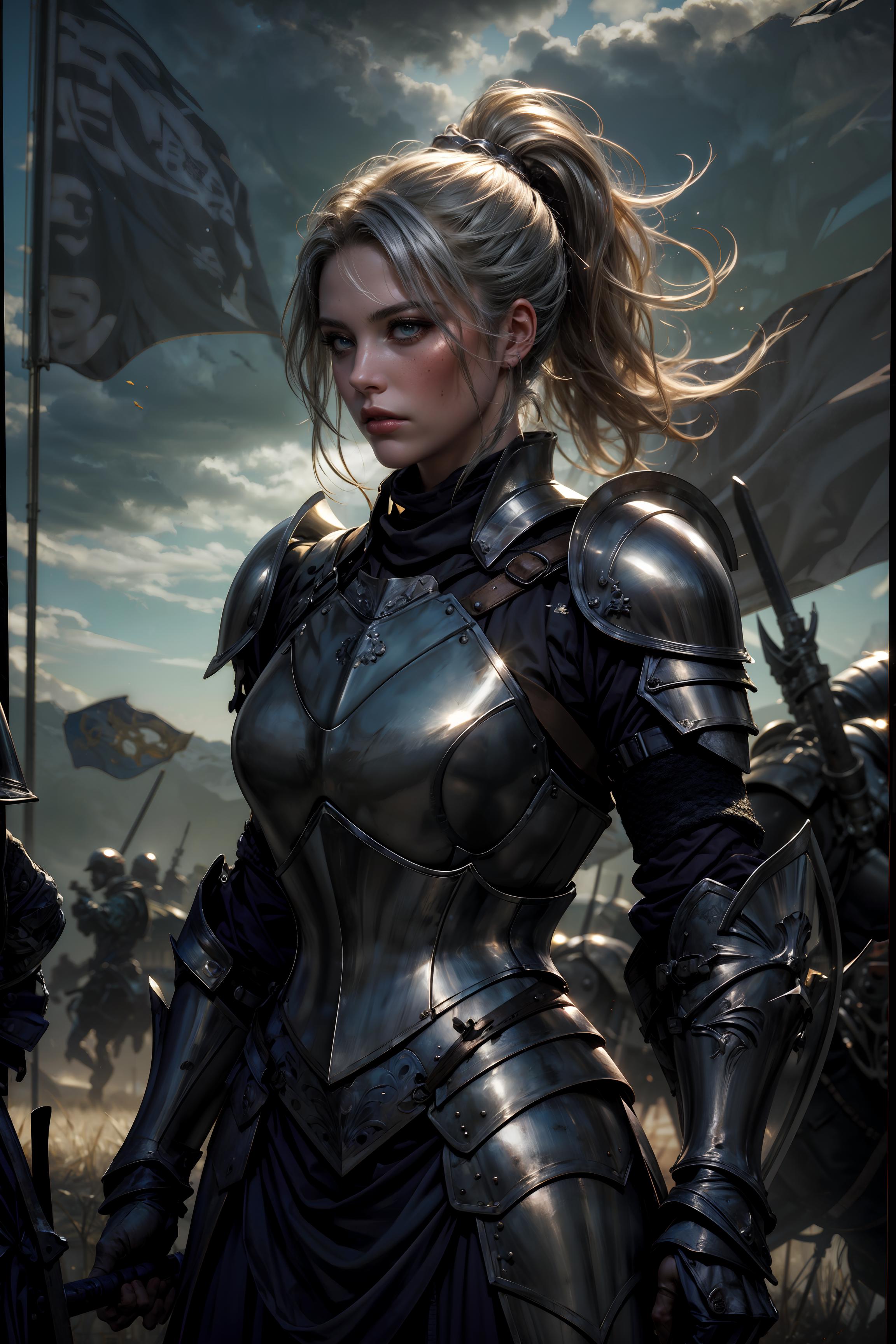 A woman in a medieval armor and helmet.