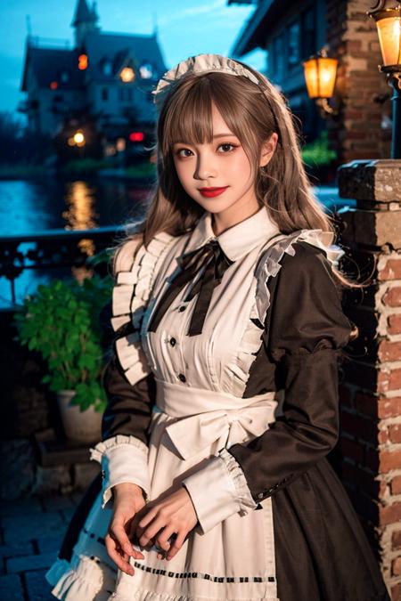 realistic, photorealistic, masterpiece, best quality, 1girl, solo, standing in castle, night, looking at viewer, smile,maid_dress, <lora:Cute Asian Face:0.7>, <lora:maid_dress_v1:0.75>