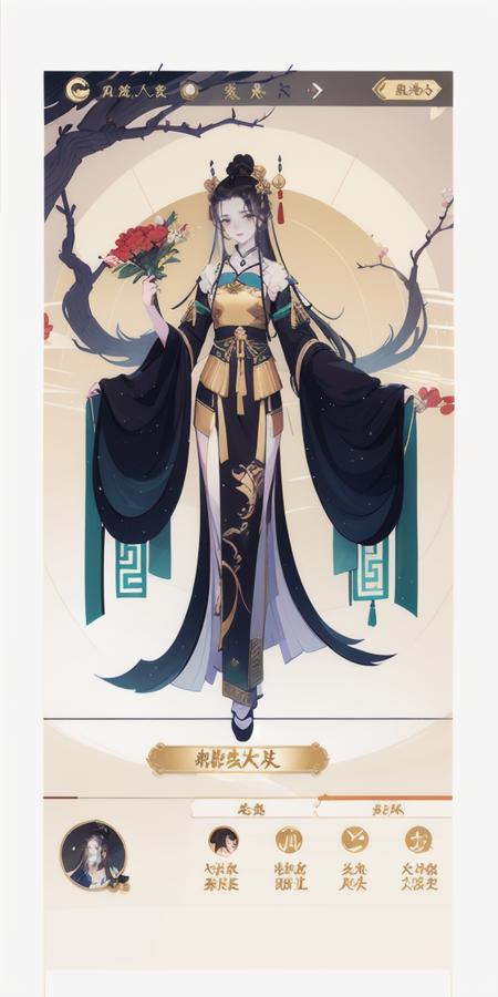 Game interface,Chinese style,buttons,return,tabs,logo,1Girl,Chinese clothing,solo,black hair,hair accessories,long hair,dress,wide sleeves,half body,flowers,gilded,gold-plated pattern,full screen,high-definition,exquisite,
<lora:huanqing_å½é£è§è²çé¢:1>,