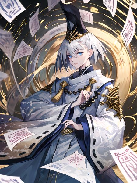 masterpiece,best quality,highres,cinematic lighting,dramatic angle,1boy,<lora:ShadowverseKuonV1-000025:0.8>,white hair,short hair,blue eyes,tate eboshi,blue headwear,white dress,clothing cutout,ribbon,ofuda,holding ofuda,tassel,looking at viewer,shushing,glowing eyes,evil smile,shaded face,parted lips,onmyouji,magic,wide sleeves,kariginu,shikigami,folding fan,hand fan,holding