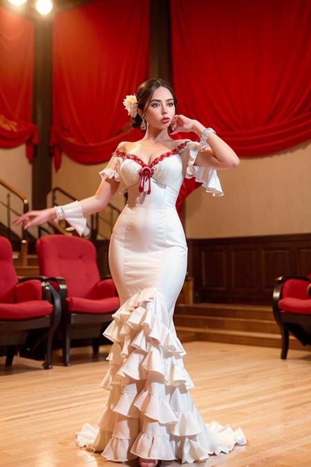 a woman is posing for a photo,(wearing flamenco_dance_dress:1.3), white dress,
good hand,4k, high-res, masterpiece, best quality, head:1.3,((Hasselblad photography)), finely detailed skin, sharp focus, (cinematic lighting), collarbone, night, soft lighting, dynamic angle, [:(detailed face:1.2):0.2],(((inside theater))),     <lora:flamenco_dance_dress-10:0.5>