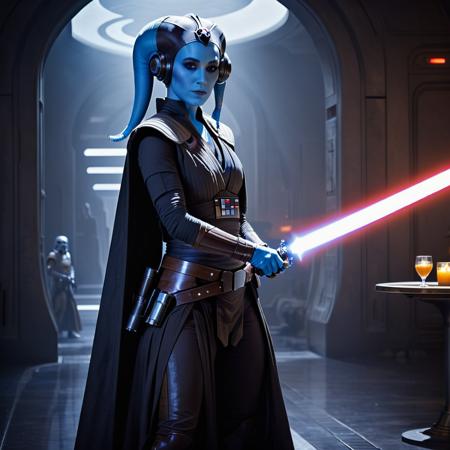 hera syndulla Aayla Secura played by  jennifer connely, with open palm, dynamic pose, light saber <lora:Hera_Syndulla_XL:0.55> <lora:SexyConiAI:0.9>,  brown eyes, loose black jedi robes, thight bodice, (black eyeshadow), full body show, soft lighting, sharp focus, depth of field, freckles,[midriff, belly skin],  blue skin twilek, mos eisley, cantina, sith, inside futuristic bar, steam, cyberpunk interior, (red lightsaber), matte look, star wars starship interior design, angry look, chaotic, explosion, flying debris