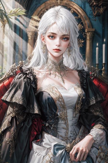 (absurdres, highres, ultra detailed), 1girl, solo, mature, Baroque, long dress, long sleeve, elegant, colorful, highest detailed, upper body, white hair