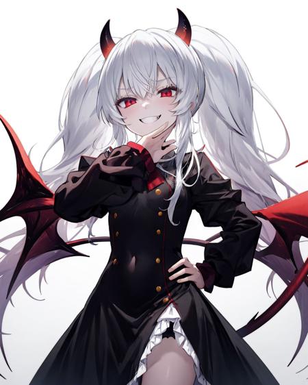 1girl,solo,grim aloe,demon horns, black_dress,standing,cowboy shot,  <lora:GrimAloe:1>,demon wings, albino,evil smile, naughty face, hand on hip, ojou-sama pose,  <lora:OjouSamaPose:1>,demon tail,