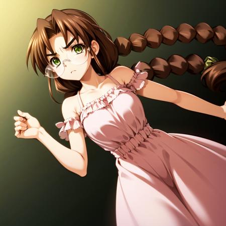 solo, Sakaki Chizuru, brown hair, green eyes, twin braids, glasses, looking at viewer, angry, long dress, pink dress