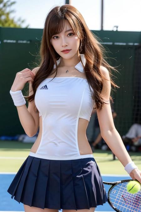 ((tennis uniform)),1girl,sexy pose,best quality,masterpiece,illustration,an extremely delicate and beautiful,CG,unity,8k wallpaper,Amazing,finely detail,masterpiece,official art,extremely detailed CG unity 8k wallpaper,incredibly absurdres,huge filesize,ultra-detailed,highres,extremely detailed,beautiful detailed girl,realistic,soft light,full frontal,daytime,outdoor,full body,<lora:Aizawa Minami_20230729055010:0.8>,