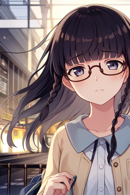 shimazakisetsuna, glasses, blunt bangs, twin braids, 1girl, solo, train station, (empty eyes:1.4), sad