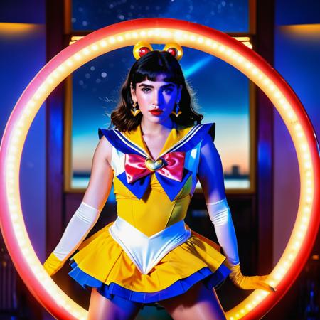 A vibrant photograph of Dua Lipa dressed as sailor moon, sailor senshi uniform, wide-angle lens,wide shot, full body, legs, waist,  ((looking at viewer)), (looking into the camera), front view, detailed face, freckles,amber eyes,  hyper realistic,  natural lightning, perfect shadows, 35mm photograph, film, professional, 8k, highly detailed,from  movie, (cleavage:1.2) , high budget, bokeh, cinemascope, moody, epic, gorgeous, cinemascope, moody, <lora:xl_sailor_senshi_uniform-1.0:1>
