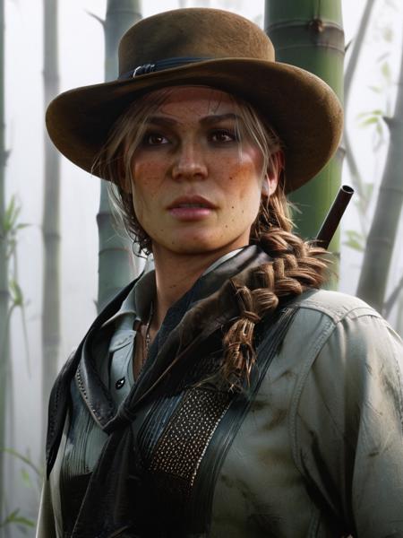 <lora:SadieAdler:1.2>, SadieAdler, braided blonde hair, wearing a brown leather duster coat, a white shirt, a black neckerchief, black trousers, black leather chaps, dark brown boots and a bandolier, and a dark brown hat, , tired, anxious, medium shot, (masterpiece, high resolution, Technicolor filmstill:1.3), the most hauntingly likely woman, (piercing gaze:1.2), (dark allure:1.1), rabbit pose in a formidable bamboo forest at dusk, casting eerie shadows, (intense expression:1.1), (ghostly pale skin:1.1), (whispers of the night:1.2), reaching out like skeletal fingers, (foreboding atmosphere:1.2), (trying presence:1.1), shot on a 35mm Arriflex camera with an Angenieux 25-250mm f/3.2 lens, adding a cinematic quality to the haunting scene, a captivating blend of beauty and darkness in a Technicolor filmstill that evokes an ethereal sense of otherworldly enchantment, perfect eyes