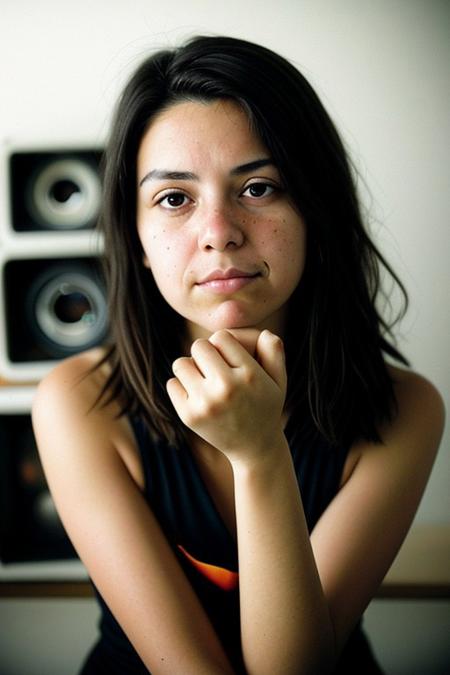 The image portrays a young woman with long, dark hair holding a vintage camera close to her face, partially obscuring one of her eyes. She gazes directly into the lens with an intense, thoughtful expression. The photograph has a distinct cinematic and nostalgic aesthetic, with soft lighting, a grainy texture, and subtle color grading that gives it a vintage, film-like quality.
Subject and Composition
The subject's face is positioned slightly off-center, drawing immediate attention to her sharp and expressive features. Her dark, well-defined eyebrows frame her deep-set eyes, which are slightly shadowed, adding to the introspective mood of the image. Her lips, which are slightly parted and tinted a natural red, contrast subtly with her smooth, pale skin. Strands of hair fall loosely across her face, reinforcing the unposed, organic nature of the portrait.
The camera she holds is an older model, silver and black with a rounded lens, possibly a vintage point-and-shoot film camera. Its reflective surface catches some light, making it a noticeable focal point. Her fingers gently rest on the camera's body, showcasing her relaxed grip, suggesting familiarity and comfort with the device. The camera partially obscures her left eye, creating an artistic and symbolic interplay between the act of capturing an image and being observed.