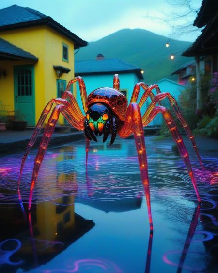focus on alien bioengineered giant spider attacking a village, transparency:1.3, (detailed cybernetic implants fused with organic matter:0.5), water, reflections, (intensely vibrant swirling colors:1.9), glowing transparent legs, realistic photo, darkworld, <lora:add-detail-xl:1.0> ,   <lora:artialien:1> artialien , <lora:xl_more_art-full_v1:0.5>