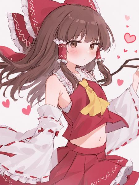 <lora:åä¸½çµæ¢¦:1>,1girl,solo,hakurei_reimu,brown_hair,bow,hair_tubes,hair_bow,red_bow,long_hair,detached_sleeves,skirt,brown_eyes,white_background,simple_background,ribbon_trim,ribbon-trimmed_sleeves,gohei,red_skirt,ascot,wide_sleeves,frills,blush,frilled_hair_tubes,looking_at_viewer,yellow_ascot,closed_mouth,frilled_bow,holding,bare_shoulders,nontraditional_miko,sidelocks,feet_out_of_frame,white_sleeves,bangs,vest,=3,pout,red_vest,heart,shirt,long_sleeves,