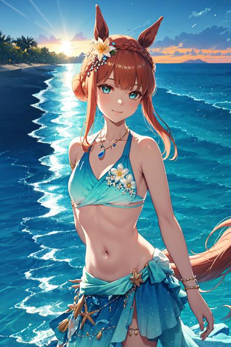 masterpiece,realistic, <lora:silence suzuka:0.8>,1girl,silence suzuka (umamusume),silence suzuka(Swimsuit),horse girl,horse ears,horse tail,orange hair,green eyes,hair flower,hair_bun,crown_braid,sidelocks,necklace,swimsuit,aqua_bikini,bracelet,armlet,sarong,midriff,sandals,anklet,jewelry,solo,beach, ocean,on water,arm behind back, light smile, sunset,