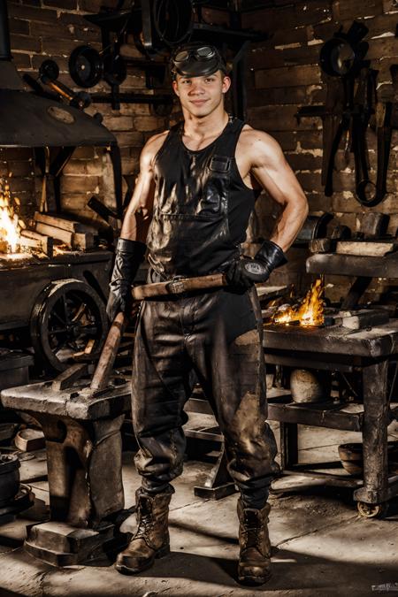 blacksmith shop, standing next to anvil, furnace in background, fire, muscular ChadLogan, sexyblacksmith, gloves, boots, tank top, pants, goggles on head, holding hammer, slight smile, masterpiece, (((full body portrait))), ((full body)), wide angle, (looking at viewer), highly detailed, (high skin detail), (high face detail), photorealistic, RAW photo,  <lora:ChadLogan:0.8>  <lora:Clothing - Sexy Blacksmith:0.8>