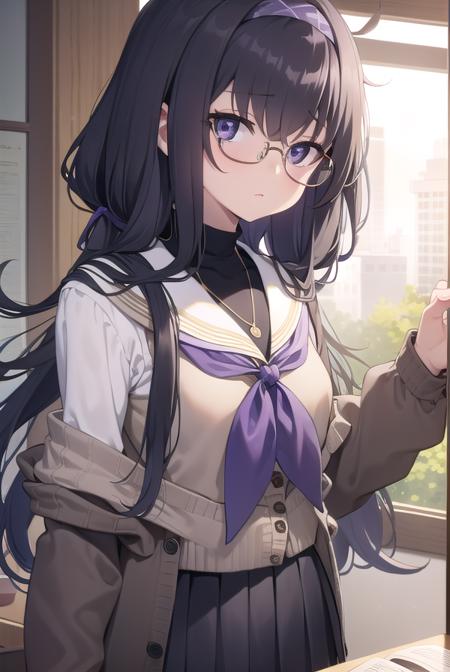 uikozeki, <lyco:uikozeki-lyco-nochekaiser:1>,
ui kozeki, bags under eyes, black hair, (purple eyes:1.5), glasses, halo, long hair, red-framed eyewear,
BREAK black pantyhose, black undershirt, blue hairband, blue neckerchief, brown cardigan, brown sweater, cardigan, hairband, long sleeves, messy hair, neckerchief, pantyhose, sailor collar, school uniform, serafuku, sweater, white sailor collar, white serafuku, skirt, long skirt,
BREAK looking at viewer,
BREAK indoors, classroom,
BREAK <lyco:GoodHands-beta2:1>, (masterpiece:1.2), best quality, high resolution, unity 8k wallpaper, (illustration:0.8), (beautiful detailed eyes:1.6), extremely detailed face, perfect lighting, extremely detailed CG, (perfect hands, perfect anatomy),