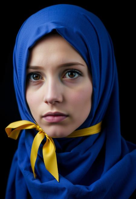 The photo is a portrait of a young woman. She is wearing a blue headscarf with a yellow ribbon tied around it, covering her head and neck. The woman is looking off to the side with a serious expression on her face. She has a pale complexion and her hair is pulled back in a neat bun. The background is dark, making the woman's face the focal point of the photo. vibrant colors. The overall mood of the image is somber and contemplative.