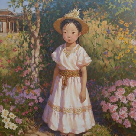 Mongolian girl, beautiful, colour dress, garden , sunny
highres, hq, highly detailed, oil painting, 
 <lyco:Meirzhan_Nurgozhin:1>