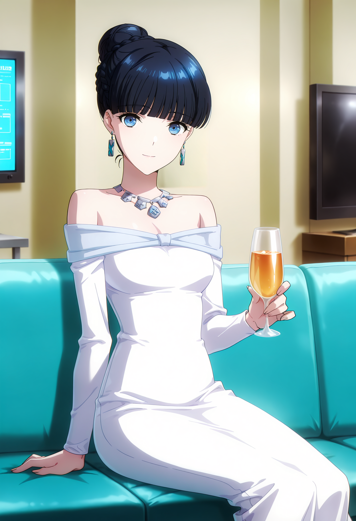 A young woman with black hair styled in a high bun and blue eyes sitting on a turquoise couch. She is wearing an off-the-shoulder white dress, turquoise earrings, and a necklace. She holds a glass of champagne in her left hand, and her right hand rests on the couch. The background features a modern living room with a large TV on the right and a small table with a blue screen on the left. 