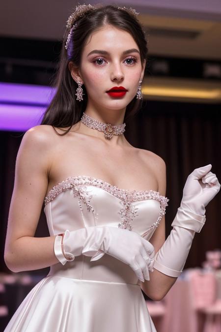 stunning woman, extremely beautiful, 20 years old, petite, delicate face, extremely detailed, photorealistic, hires, blush, rouge, lipstick, cute nose, ribbon, choker, mole, porcelain skin, elegant dress, night club, elbow gloves, ankle bracelet, close up