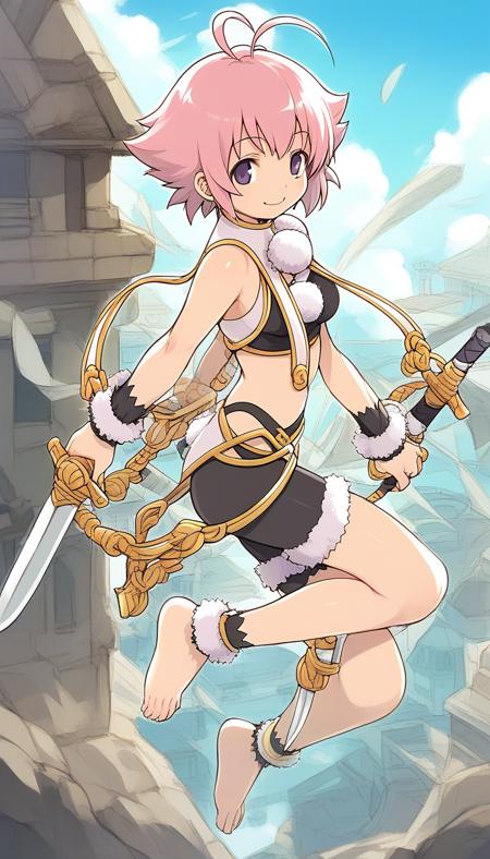 Sugar, short hair, ahoge, antenna hair, weapon, purple eyes, pink hair, dagger, knife, small breasts, bare shoulders, shorts, midriff, fur trim, bike shorts, crop top, anklet,  jewelry, pom pom (clothes),  breasts, closed mouth,  outline, wristband, sleeveless, black eyes,  wrist cuffs, black shorts, ankle cuffs,