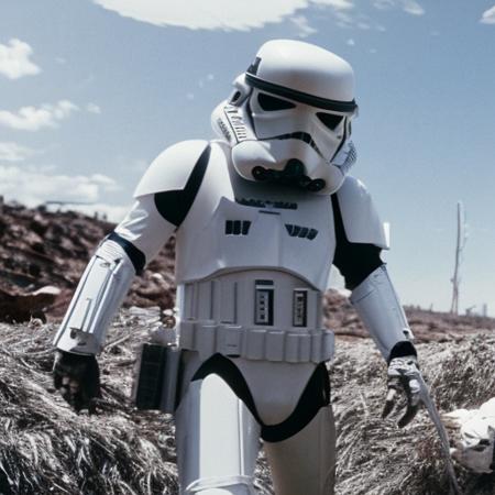 A photograph of a Star Wars Stomptrooper, outer space scene, 100Memories-3000