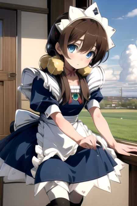 <lora:FionaAH:1>, brown hair, medium-long hair, low pigtails, sky-blue eyes, two giant gold bells, white maid brim, navy maid uniform, white tights, metal shoes and mitten-like gloves Fiona Mayfield brown hair medium-long hair low pigtails sky-blue hair two giant gold bells white maid brim navy maid uniform white tights metal shoes and mitten-like gloves