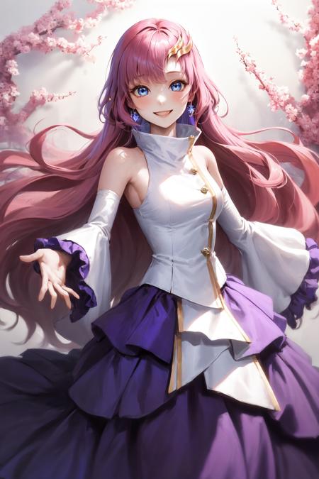 masterpiece, best quality, highres, 1girl lacus clyne pink hair blue eyes, straight hair white sleeves detached sleeves purple skirt purple frills <lora:lacus_clyne_anime_remake_purple_skirt:1> standing, smile, outstretched arms