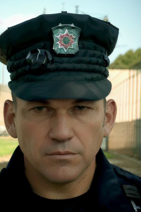 an police man working at a prison yard, grass in the background, prisoners in the background, (close up), [head shot], raw, 8k, uhd, fujifulm xt3, masterpiece <lora:wadeWiliams:1>