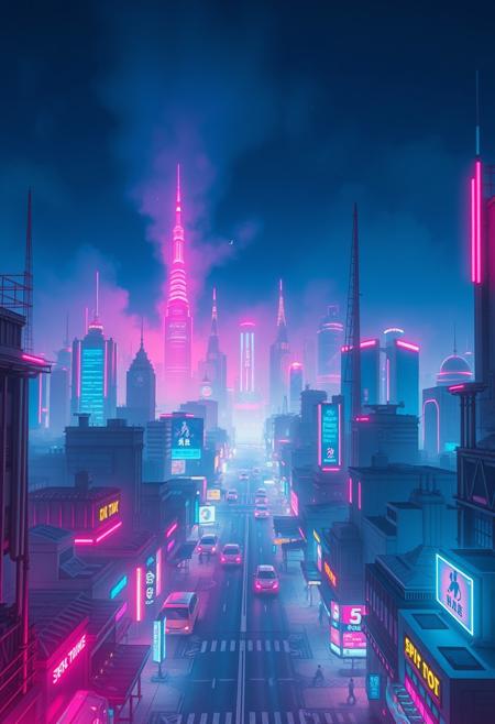 Create a surreal, dreamlike scene of a cityscape at night, but instead of traditional buildings and streets, the city is made up of neon-lit, futuristic structures that seem to defy gravity and logic. The sky is a deep, electric blue, and the air is filled with a haze of neon-colored mist. The art style is a fusion of 80s-style neon art and digital painting, with bold, vibrant colors and intricate, detailed patterns that create a sense of depth and texture. The colors are bright and glowing, with a focus on pinks, blues, and purples to convey a sense of energy and futurism. Style: neon, digital painting, surreal. Colors: bright, glowing, pink, blue, purple. Highest-Quality, 4k, Masterpiece