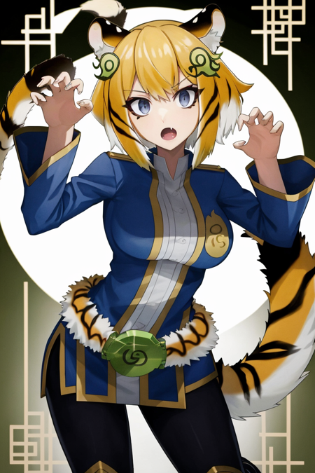 tigermortar, looking at viewer, open mouth, large breasts, hair ornament, long sleeves, fang, medium hair, animal print, claw pose, tiger ears, chinese zodiac, tiger print, duel monster, tiger tail, tiger girl, year of the tiger