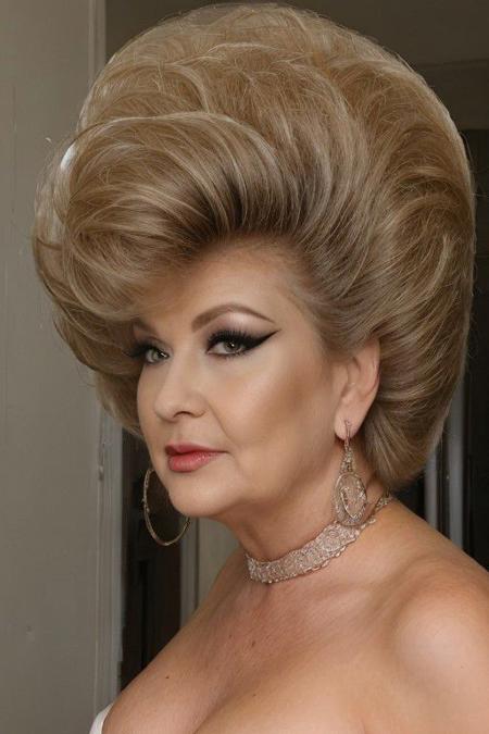 (((side view))), ((hair covers her ear))),
  ((((  massive voluminous   backcombed  glossy bouffant updo   with highlights, cut short in the back and on sides)))),  
 busty very old woman, fat curvy body, (((face of a very old woman))), (((exotic makeup and huge false eyelashes))), ((blue eye shadow and black eye liner)), ((red lipstick)), (((wearing a white halter top)))