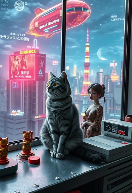 Grey tabby cat with green blue eyes sits on a cluttered metal riveted desk next to a maneki neko statue and a small Nintendo NES, the cat is looking out to a floor to ceiling window that looks out over a futuristic cyberpunk Tokyo skyline with skyscrapers, holographic advertisements, futuristic airships covered with lights and advertisements in Japanese, a space elevator, (((a tall thin beautiful young woman, 22 years old, is standing next to the cat looking out at the city through the window))), The woman is dressed in an ornate Japanese style bath robe, exposing some cleavage and her lower legs.  The woman's hair is messy from just waking up and tied up with a ribbon. Artistic cyberpunk, dynamic perspective, a translucent neon projection of a strip club bar advertisement displaying a partially dressed woman is visible on a nearby building,