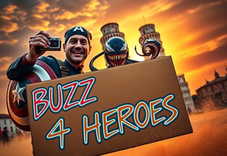 Marvel icons, Captain America and Venom, caught in an epic moment as they take a high-energy selfie in front of the majestic Leaning Tower of Pisa. Captain America, with his signature shield strapped to his back, holds a vintage Kodak MC3 camera, perfectly capturing the action. Venom, mid-laugh, flashes a chaotic grin while extending a swirling tendril around Cap’s shoulder for a playful pose. In the foreground, a sleek, futuristic cardboard sign that reads ‘BUZZ 4 HEROES’ glows with neon, graffiti-inspired text, surrounded by holographic accents. The Leaning Tower looms in the background, framed by a brilliant sunset casting dramatic shadows, adding a cinematic flair to this superhero showdown-meets-tourist moment. Dust swirls around their feet, adding movement to the scene as if it were frozen in time at the height of their wild adventure