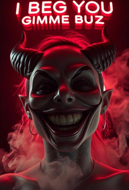 “A hyper-realistic, 3-dimensional close-up of a woman wearing a highrise mask featuring an exaggerated, wide, ecstatic smile, with devilish horns subtly curving from the sides. The mask, devoid of a nose or eyes, pops off the screen with its lifelike texture and unsettling, manic joy. Tattooed stars wrap around her face, giving a surreal, layered depth to the design. Shot with Panavision aspherical lenses at 40mm, the scene is bathed in cinematic studio lighting, emphasizing every contour. A soft red, low diffuse light glows from behind, enhancing the three-dimensionality, while light greenish fog and white smoke twist around her in dynamic layers against a pitch-black background. Above the figure, glowing neon letters spell out ‘I BEG YOU – GIMME BUZ,’ floating in space, adding a rebellious and chaotic energy to the surreal, immersive atmosphere.”