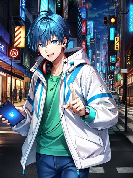 amamine shu\(side-m\), solo, looking at viewer, (headphones, headphones around neck:1.4), blue pants, short hair, blue eyes, ahoge, earrings, long sleeves, hair between eyes, blue hair, shirt, 1boy, white jacket, male focus, green shirt, nail polish, blue nails, white jacket, watch, denim, index finger raised, city lights, cityscape, skyscraper, neon, night, cyber punk