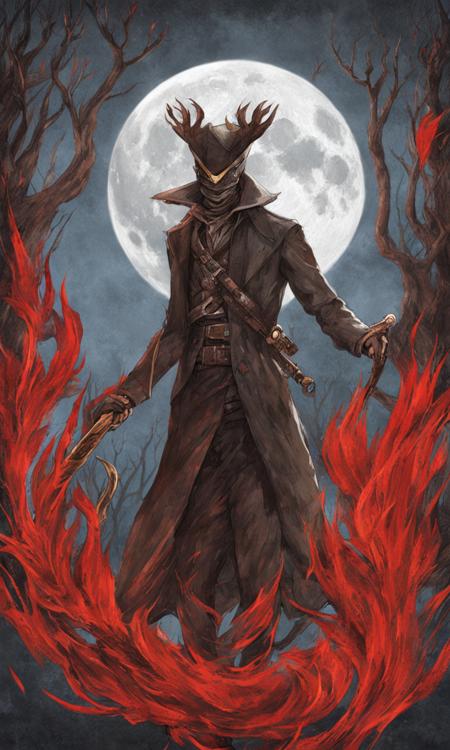 grunge style hunter, solo, looking at viewer, red eyes, 1boy, hat, male focus, artist name, coat, black headwear, mask, chain, border, mouth mask, hunter (bloodborne) , bloodborne, fighting, complex background, high detail, 3d art, weapon, artsy, stylized, giant red moon, wallpaper, snow, depth in field . textured, distressed, vintage, edgy, punk rock vibe, dirty, noisy