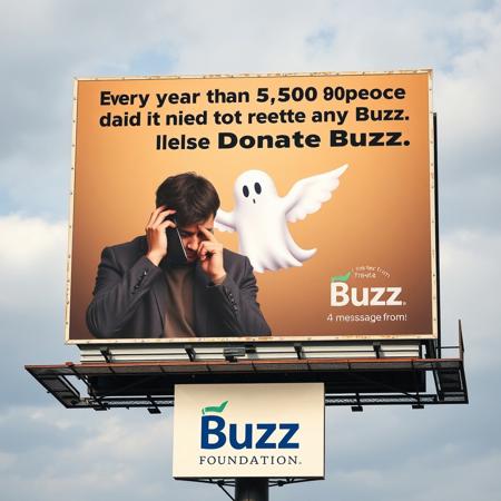 PSA Billboard: Advertisement Billboard of depressed guy on phone, with Ghost Buzz Lightning Symbol with wings flying from the phone, text "Every year more than 5,000 people did not receive any Buzz. Please Donate Buzz". The Logo Buzz Symbol with the text "Buzz Foundation" with the text "A message from:" on top of the logo, billboard from the United States