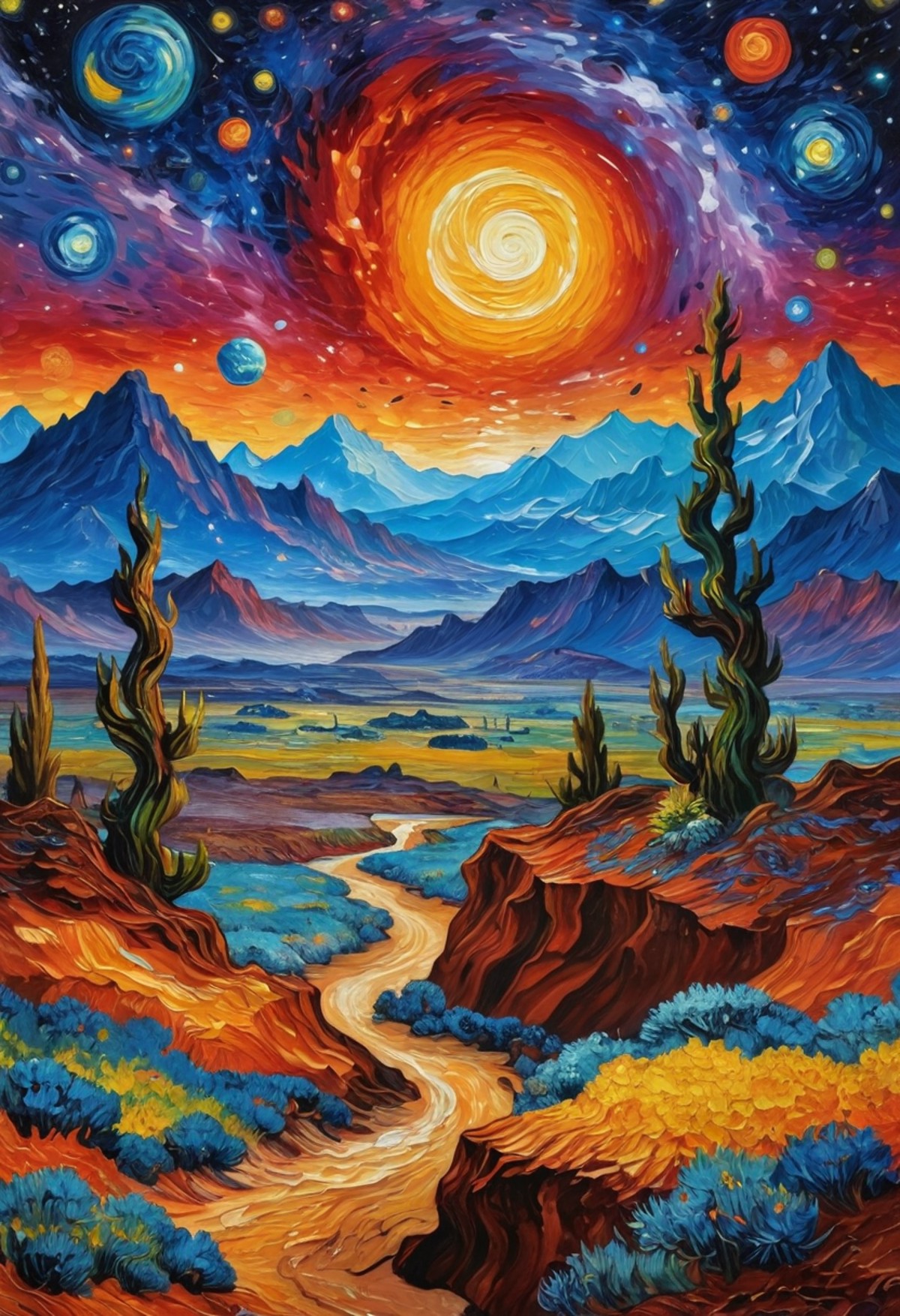 masterpiece, An oil painting of an alien planet, Van Gogh, galaxy in background, vibrant colors, best quality, highly deta...