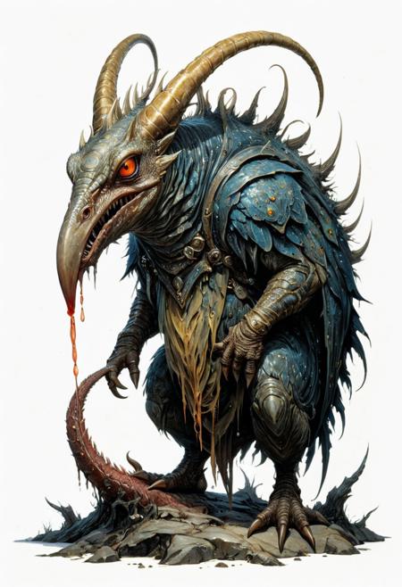 full body, lineart, concept art, a misshapen, beefy slug-like monster stands on a tentacle-like foot, glowing eyes, vulture's beak  with big teeth, spits poisonous saliva, watercolor wash, approaching perfection, pure form,  minimalistic, unfinished, concept art by Brian Froud and Carne Griffiths, intricate details, 8k post production, high resolution, hyperdetailed, trending on artstation, sharp focus, studio photo, intricate details, highly detailed, by greg rutkowski<lora:xl_more_art-full_v1:0.5>
dungeon and dragon , fantasy,  detailed_eye_model, white background, red olive blue yellow