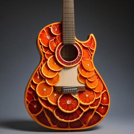 a guitar made of blood oranges, blood orange style, masterpiece, best quality, highly detailed, sharp focus, dynamic lighting