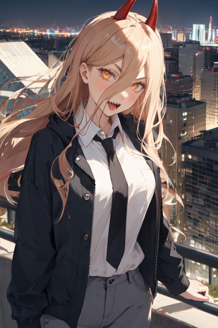 anime coloring,anime style,long hair,horns,red horns,1girl,hair between eyes,symbol-shaped pupils,cross-shaped pupils,blonde hair,looking at viewer,teeth,shirt,sharp teeth ,demon horns,solo,(((city background))),white shirt ,yellow eyes ,collared shirt ,jacket,necktie,pants,blush ,black necktie,medium breasts,tongue out ,hair ornament,orange eyes