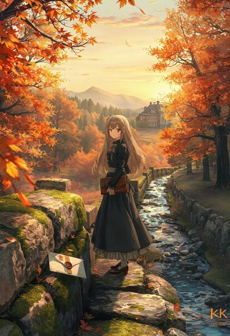 Vertical 9:16 cinematic anime illustration in the style of Violet Evergarden, ultra-detailed 4K, painterly watercolor shading with soft lighting and emotional depth.
Foreground: moss-covered stone fence, scattered autumn leaves gently drifting across the frame, a delicate envelope with a red wax seal resting on the stones; soft lens blur on nearby branches.
Mid-foreground: a graceful young woman in a vintage military-inspired dress stands quietly, holding a leather-bound letter case, her long golden hair flowing in the breeze; amber light tracing the edge of her silhouette.
Midground: narrow forested path lined with orange-leaved maples, dappled sunlight breaking through the canopy; a gentle stream runs parallel, reflecting the golden tones.
Background: distant manor house with warmly glowing windows nestled among trees, faint mist rising from the ground, gentle hills fading into layered depth.
Sky: early evening hues with soft oranges, mauves, and hints of indigo; a few wispy clouds and a faint crescent moon rising.
Elegant light scattering, rich warm tones, depth-rich composition with soft parallax layering — ideal for subtle cinematic motion.