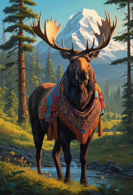 A majestic moose stands proudly in the midst of the lush Himalayan foothills, surrounded by towering trees and vibrant flora, with the majestic Himalayan mountains rising up in the background. He wears intricately embroidered traditional attire, complete with a richly patterned cloak and a regal crown. The atmosphere is serene and mystical, with a warm golden light casting a gentle glow over the scene. Inspired by the dramatic landscapes of Ash Thorp, the vibrant colors of Simon Stalenhag, and the intricate details of Rovina Cai, this piece blends traditional and digital media to create a breathtakingly detailed and atmospheric artwork, with bold brushstrokes and textures that evoke a sense of wonder and awe.