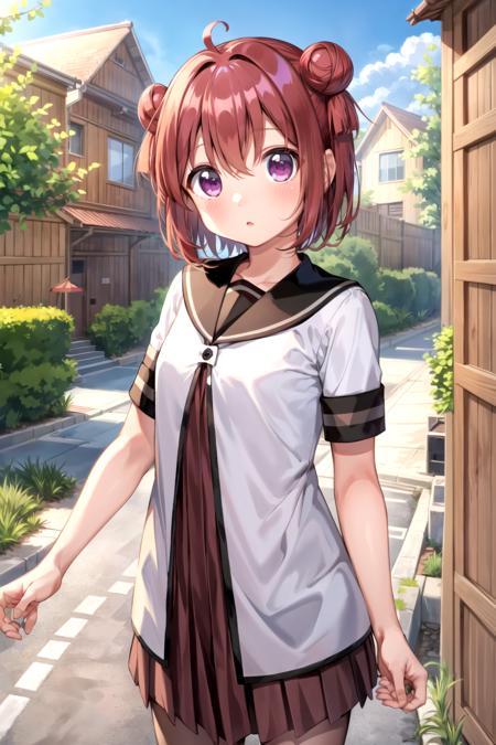 masterpiece, best quality, 1girl,  <lyco:Akari-000013:1.0>, akaza akari, sailor dress, standing, looking at viewer, embrassed, outdoors, building, village