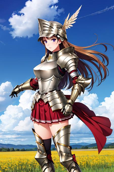 masterpiece, best quality, <lora:nmascot-nvwls-v1-000008:0.8> nmascot, helmet, armor, gauntlets, pleated skirt, armored boots, large breasts, standing, wide stance, field, sky, clouds, fighting stance, serious, looking at viewer