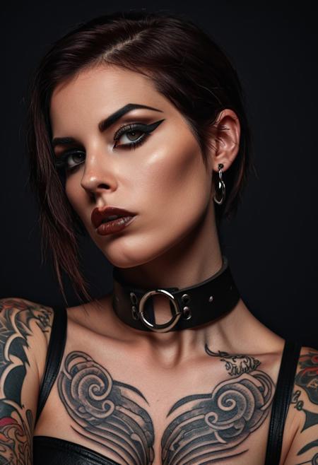A striking close-up portrait of a tattooed woman with a captivating, 
intense gaze. Her dark, 
chestnut hair cascades around her face, 
accentuating her expressive eyes, 
well-defined eyebrows, 
and full lips. The warm, 
smooth skin of her face contrasts with the dark background, 
creating a dramatic and mysterious effect. Intricate tattoos adorn her arms and chest, 
adding to her bold and edgy appearance. A sleek black leather choker with metal elements encircles her neck, 
highlighting her strong facial features. The directional lighting accentuates her facial expressions and the gleam in her eyes, 
while the glamour photography style captures her allure. The overall composition embodies alternative aesthetics, 
making this an unforgettable and mesmerizing image.