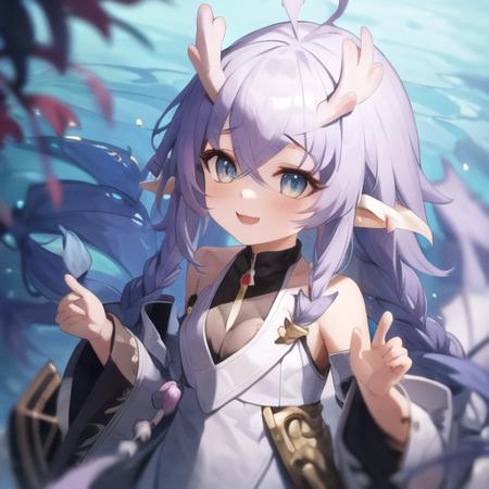 bailu, white dragon horns, 1girl, (smile:0.5)